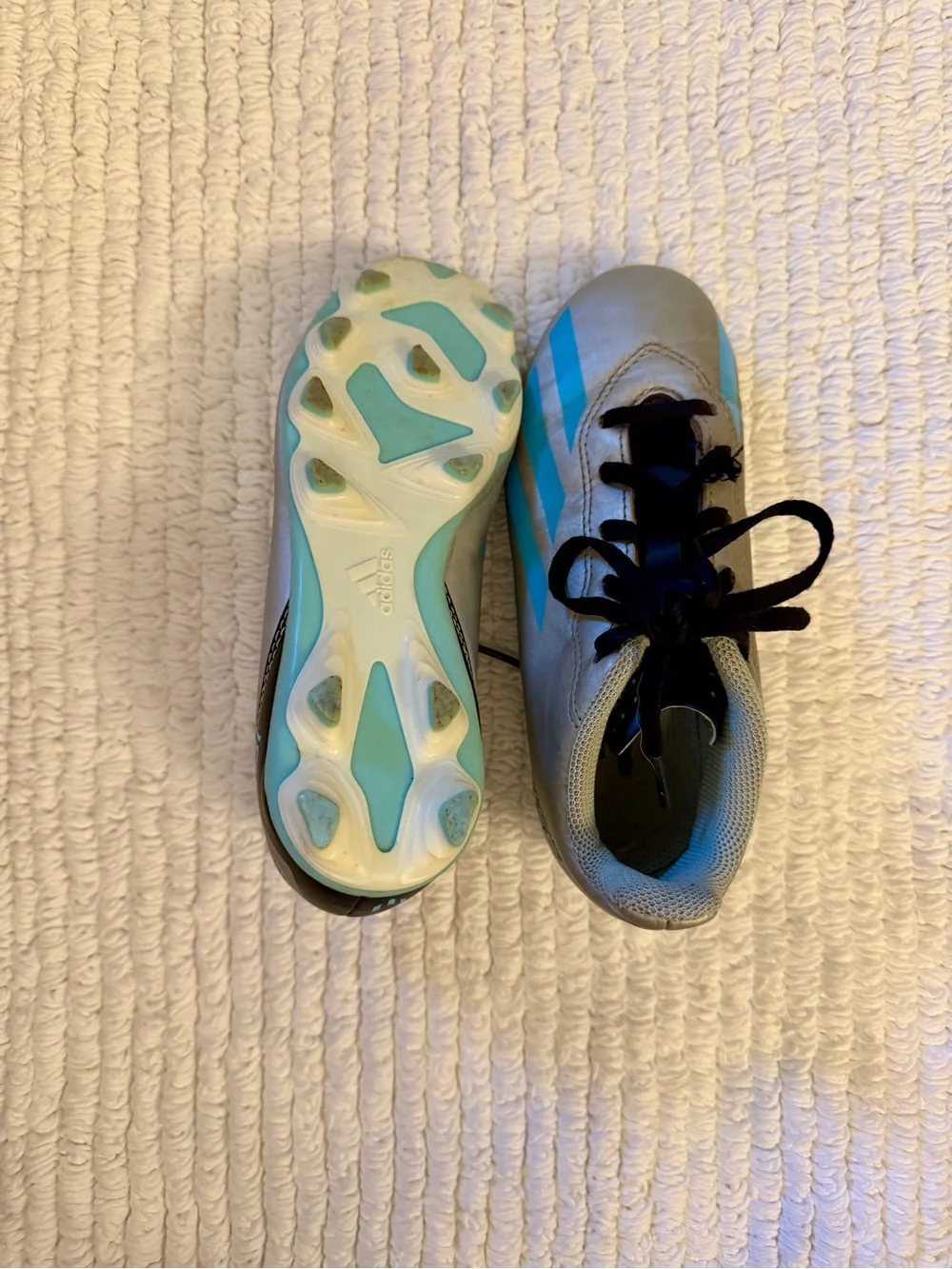 adidas Kids Messi Soccer Cleats in Light Gray with Blue Stripes